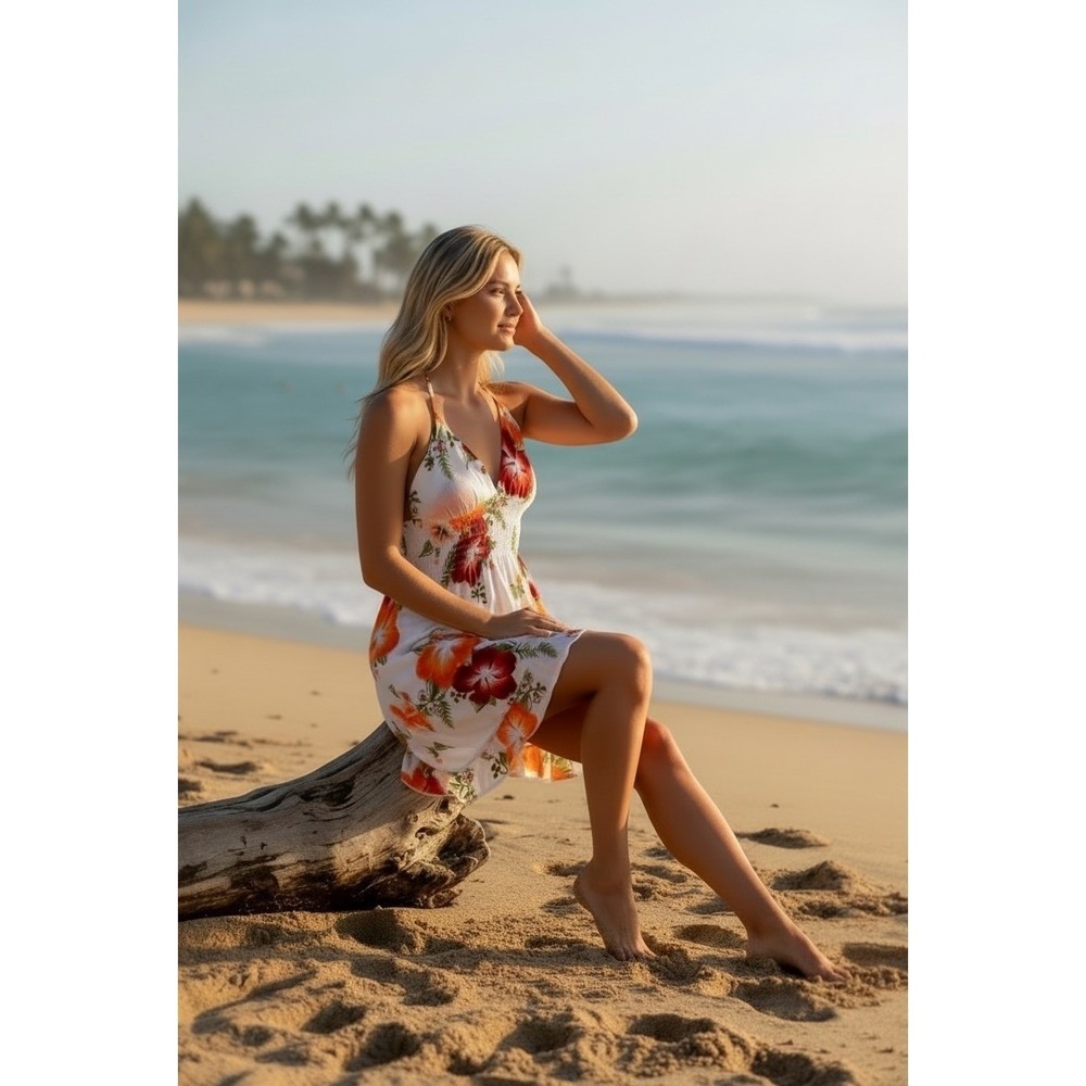 Tropical Floral Babydoll Halter Mini Dress Womens S White Summer Boho Beach Chic - Picture 7 of 7